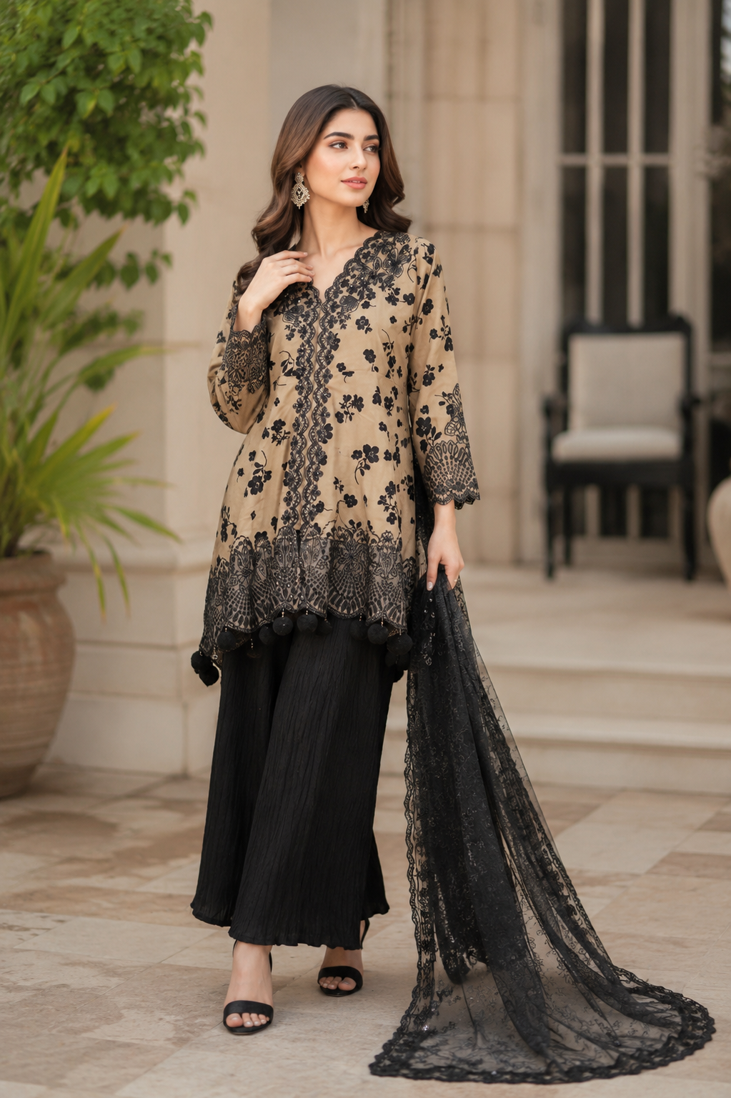 SOFT CREPE VELVET PRINT EMB FROCK MMG-1309