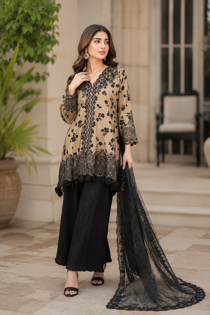 SOFT CREPE VELVET PRINT EMB FROCK MMG-1309