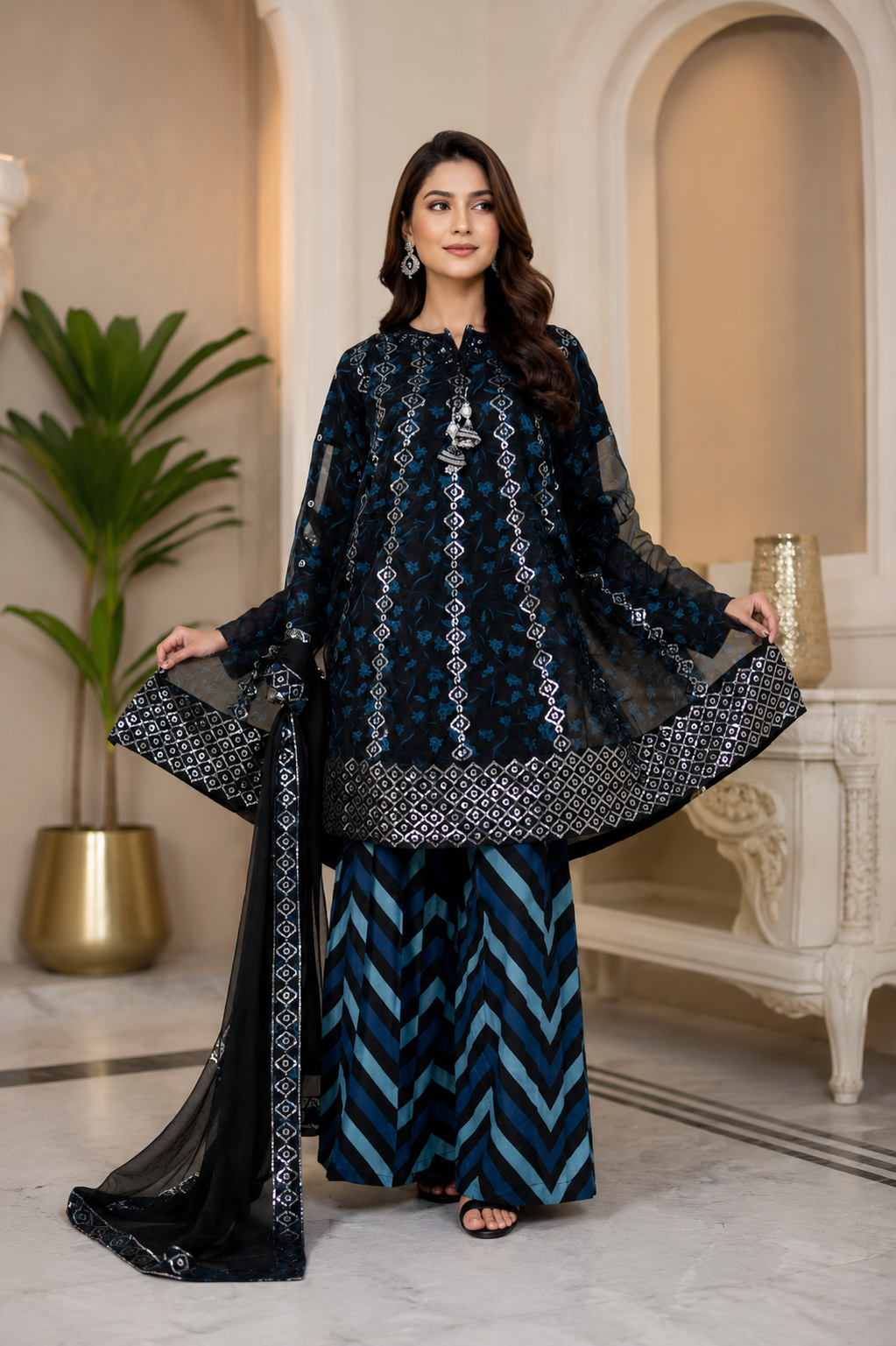 Gul-e-Aftaab sequin embroidered tissue frock with chiffon dupatta