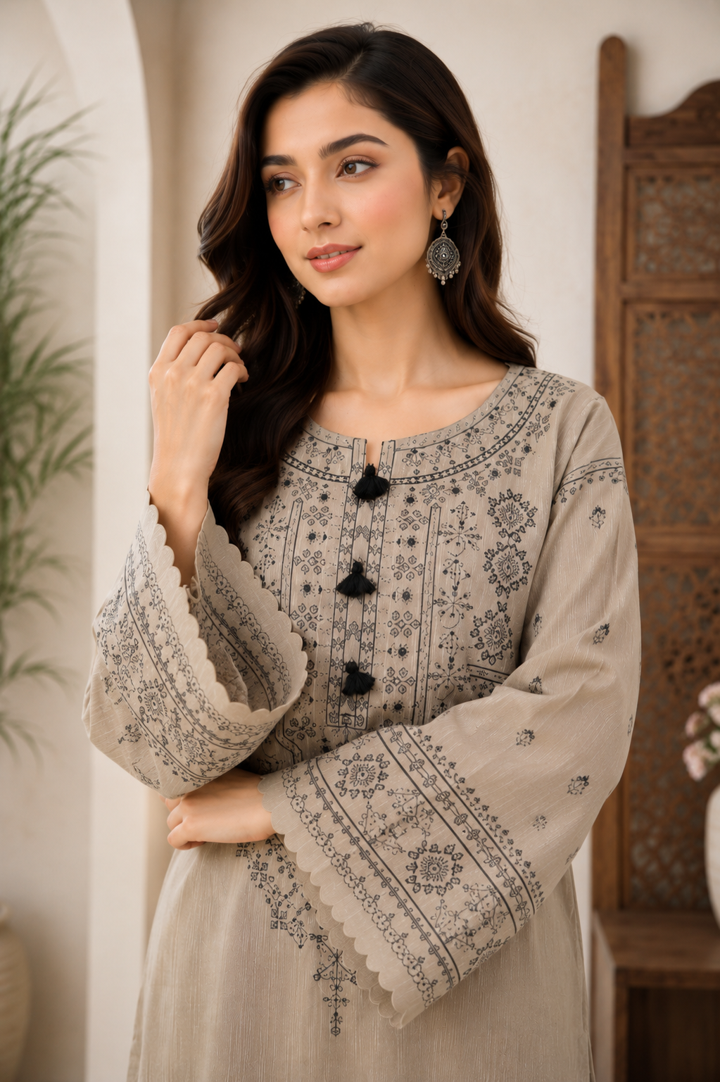 Women's cotton embroidered 2-piece kurta set with elegant thread embroidery, tassel neck design, embroidered sleeves, and matching flapper.