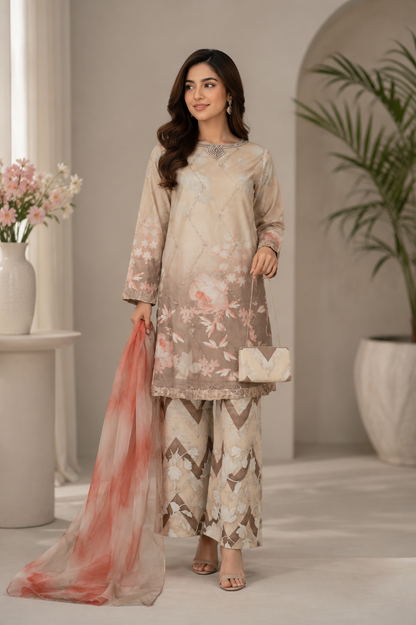 Zareysha Luxe | Embroidered Net Kurta with Silk Dupatta MMG-03