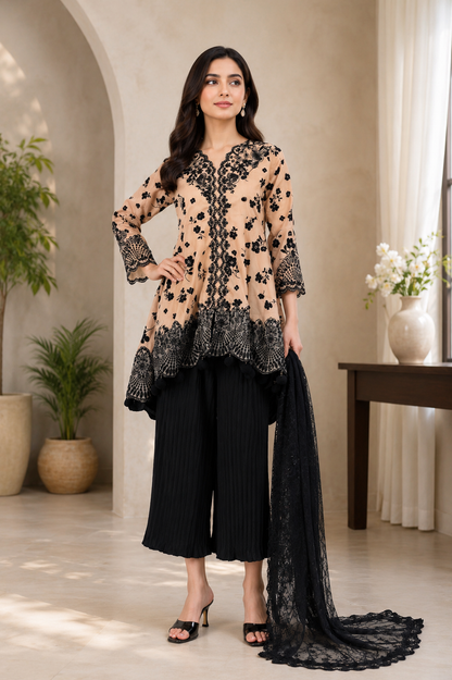 SOFT CREPE VELVET PRINT EMB FROCK MMG-1309