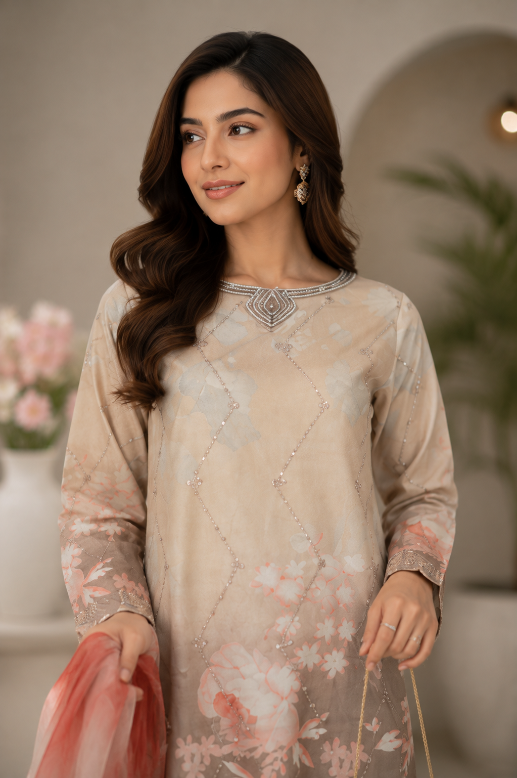 Zareysha Luxe | Embroidered Net Kurta with Silk Dupatta MMG-03
