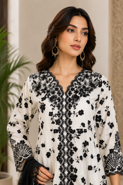 SOFT CREPE VELVET PRINT EMB FROCK MMG-1309