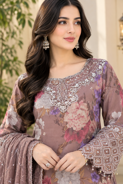 Naqashi organza kurta with handmade neckline and stylish sleeves