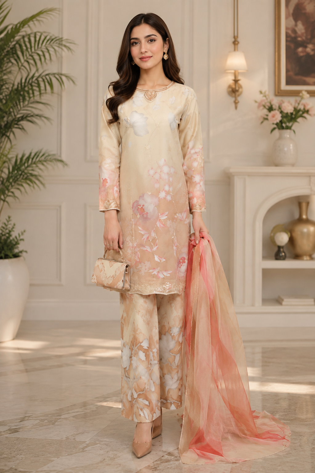 Zareysha Luxe | Embroidered Net Kurta with Silk Dupatta MMG-03