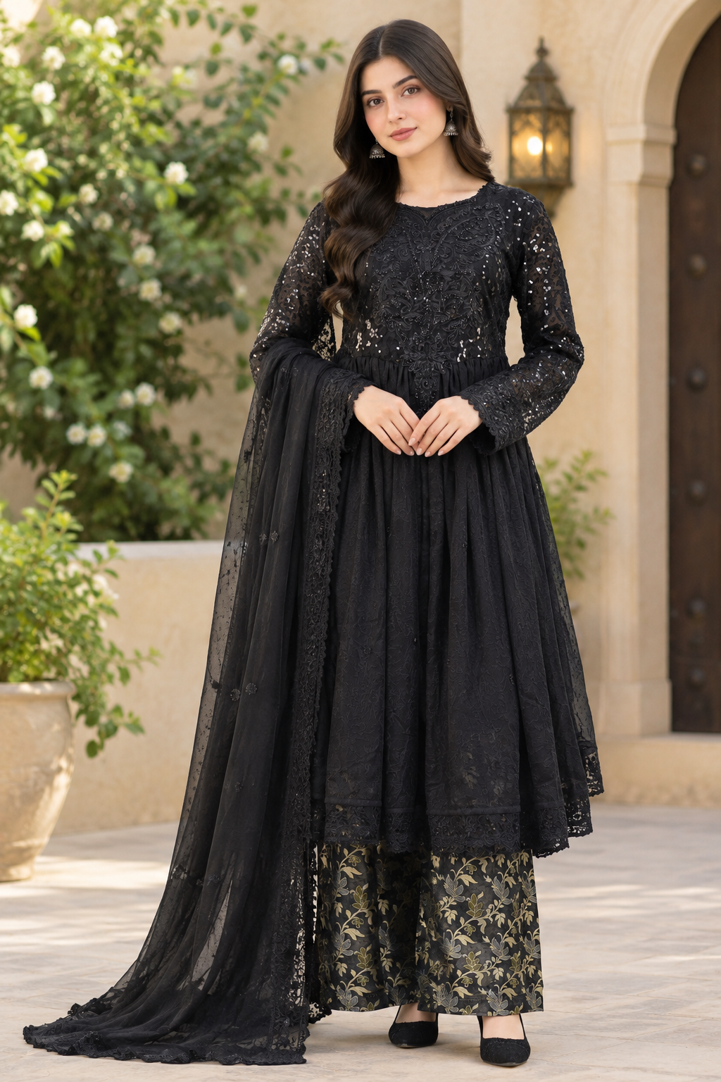 Mahiya chiffon embroidered pishwas with handmade applique neckline