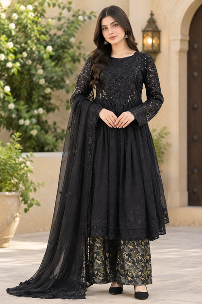 Mahiya chiffon embroidered pishwas with handmade applique neckline
