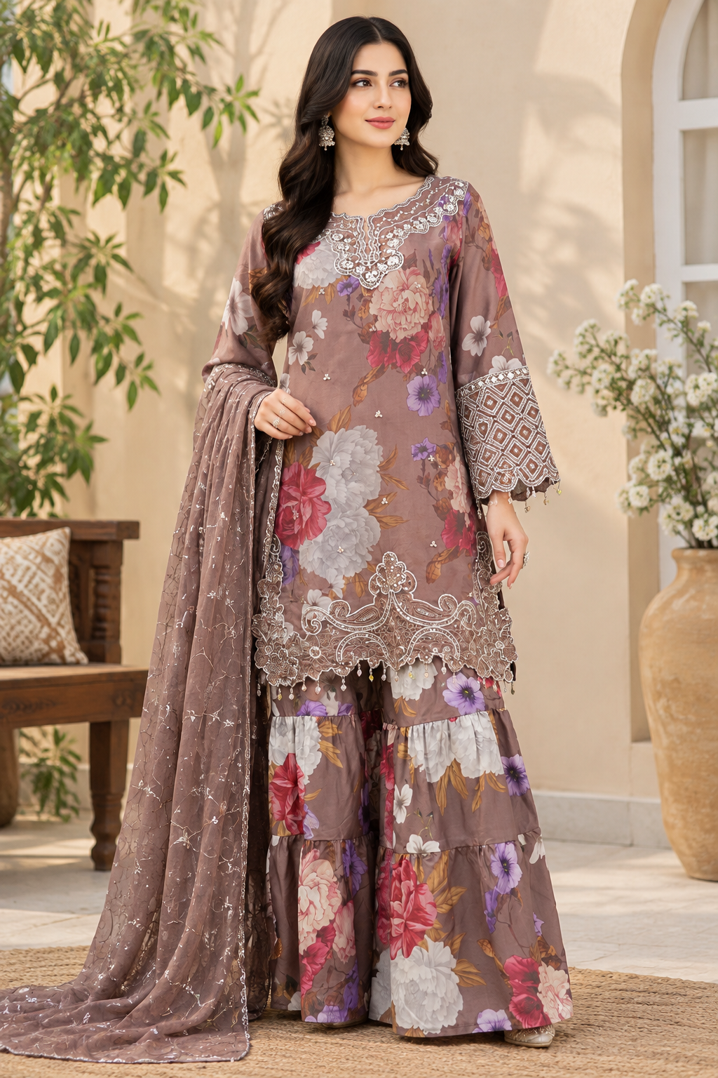 Naqashi digital printed organza kurta set with gharara and embroidered dupatta