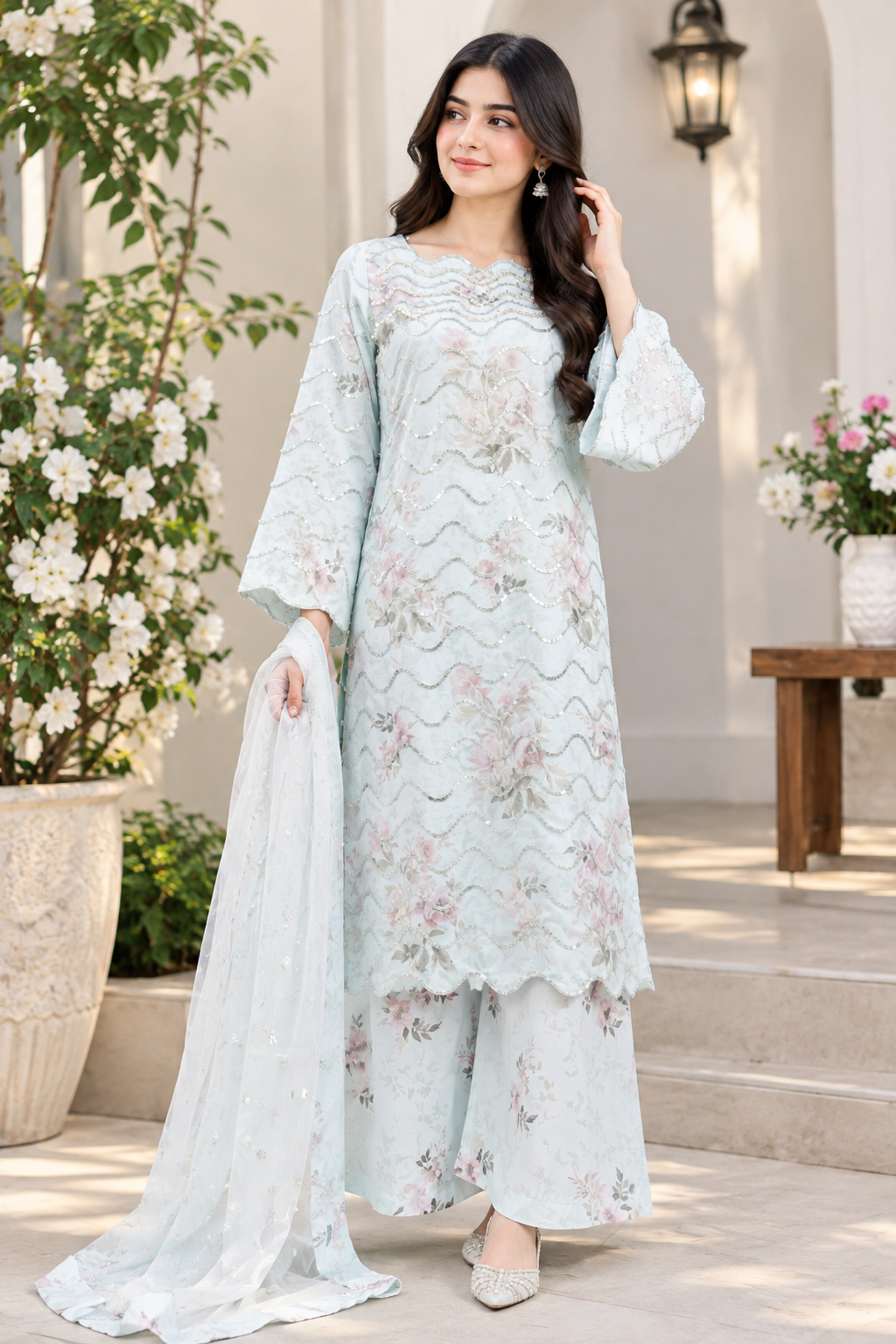 Zohra Digital Printed Crepe Long Kurta Set | Elegant Pakistani Wear MMG-1345